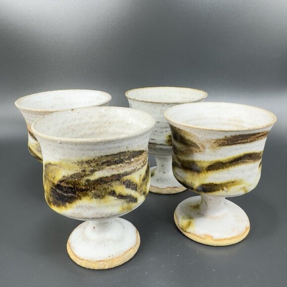 Vintage Hand Made Stoneware Pottery Footed Cups Goblets Set 4 Drip Glaze Cups - Picture 11 of 15